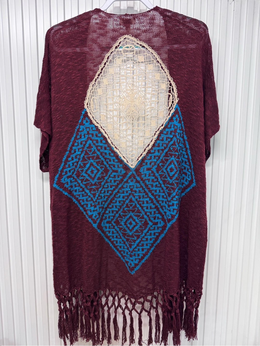 Umgee fringe open front sweater crochet diamond one size fits most